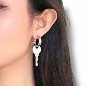 Silver Engraved Room Key Drop Earrings | Wide Hoops Clasp Closure NWT
